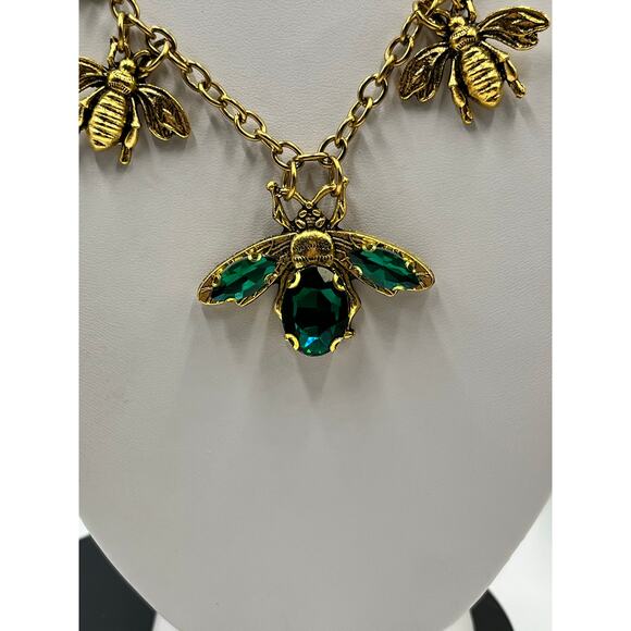 Stainless Steel Gold Plated Green Rhinestone Queen Bumble Bee Statement Necklace - Picture 12 of 12